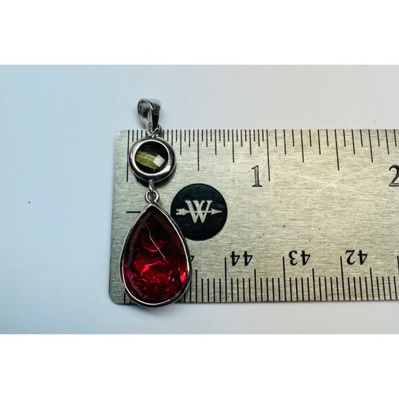 Sterling Silver Double-Sided Filigree Pear Pink & Clear Gemstone Dangle Pendant - Picture 7 of 10